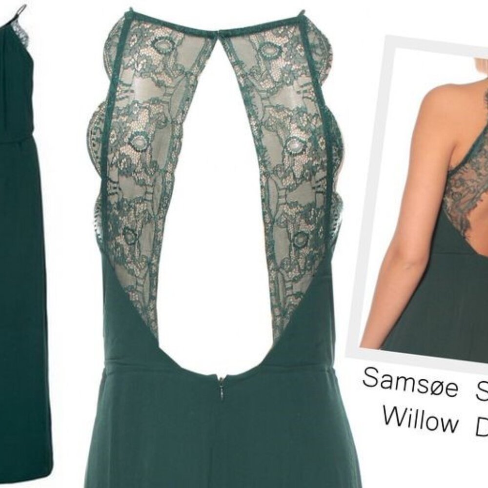 Samsoe & Samsoe Willow ML Long Cut Out Lace Back Brocade Green Dress - Picture 3 of 14